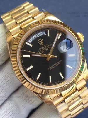 Rolex Day Date Black Dial 1:1 Super Clone Replica Watch | 18k Gold President Bracelet | 3255 Swiss Clone Movement